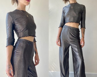 Silver Co-Ord Set | Monochrome Metallic Suit Semi Sheer Matching Set Matching Crop Top + Ultra Wide Leg Lettuce Hem Trousers Silver Set