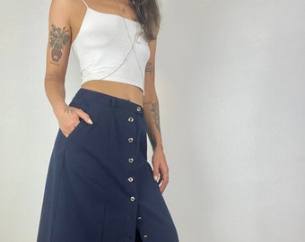 Minimal Cotton Midi Skirt | Vintage 90s Minimal Navy Button Up Skirt Relaxed Fit Mid Rise Midi Skirt 90s Simple Clean Line Midi Length Skirt