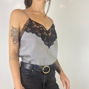 90s Lace Houndstooth Tank | Vintage 80s 90s Soft Worn Houndstooth & Lace Cami Black and White Lace Trim Tank Top Relaxed Fit Camisole Medium