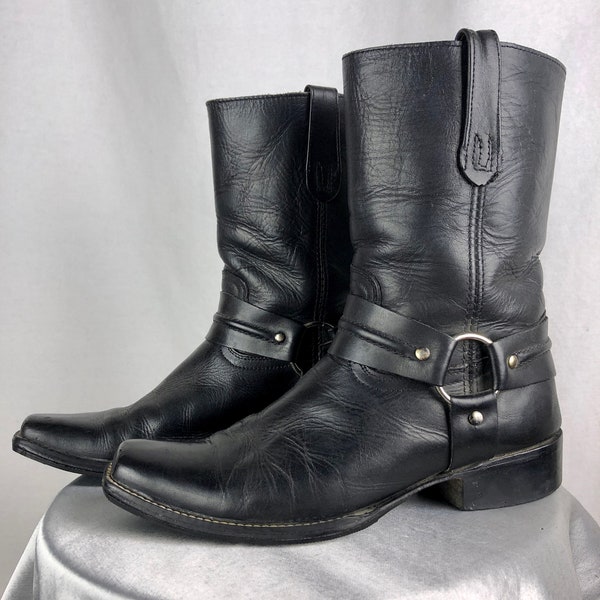 Vintage Leather Harness Motorcycle Boots | Seventies Black Leather Biker Boots | Women's size 7.5 | Made in Mexico