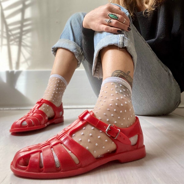 | de gelées rouges de corail des années 90 vintage années 1990 Classique Red Rubber Jelly Sandals Grunge Style Chunky Sole Chaussures Maximalist Sandales Femmes US 7.5 - 8