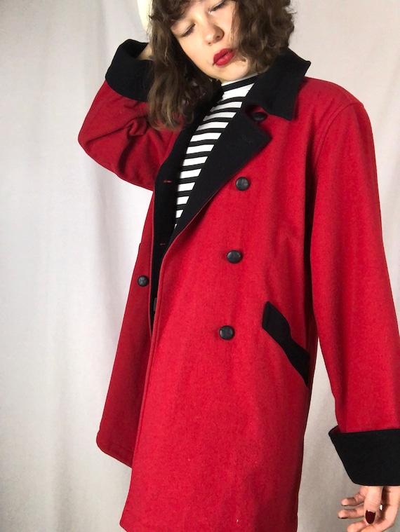 Vintage Nineties Red & Black Chic Wool Overcoat |