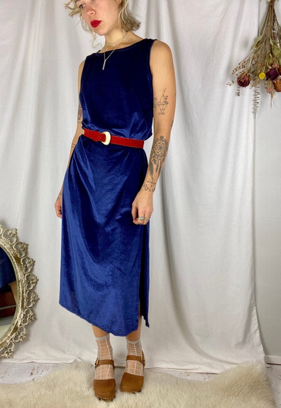 70s Navy Terry Cloth Textured Dress | Vintage 1970