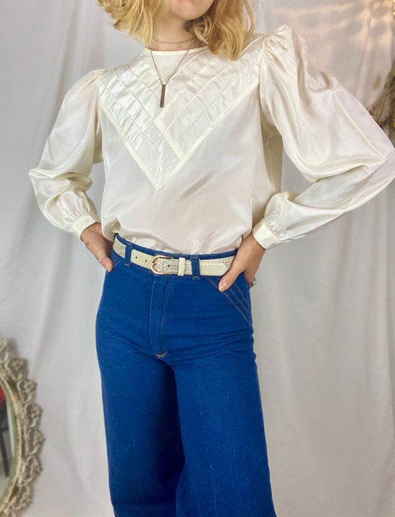 Balloon Sleeve Satin Blouse | Vintage 80s Creme Pu
