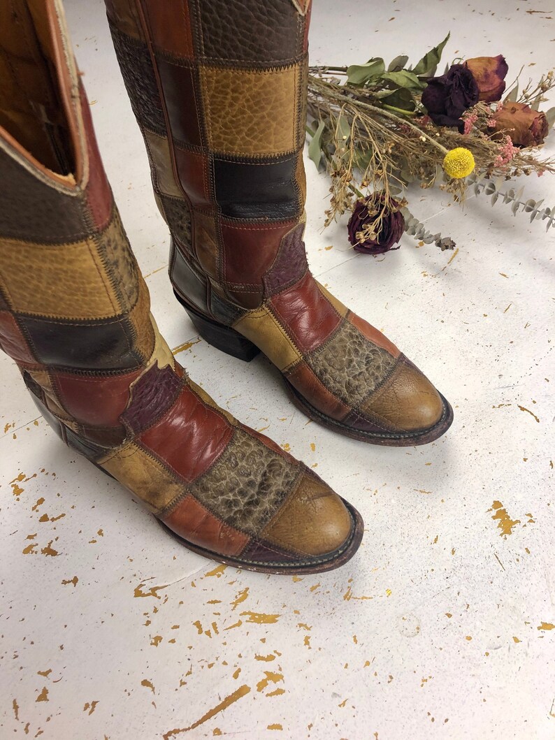 women's trendy vintage leather patchwork chunky calf boots