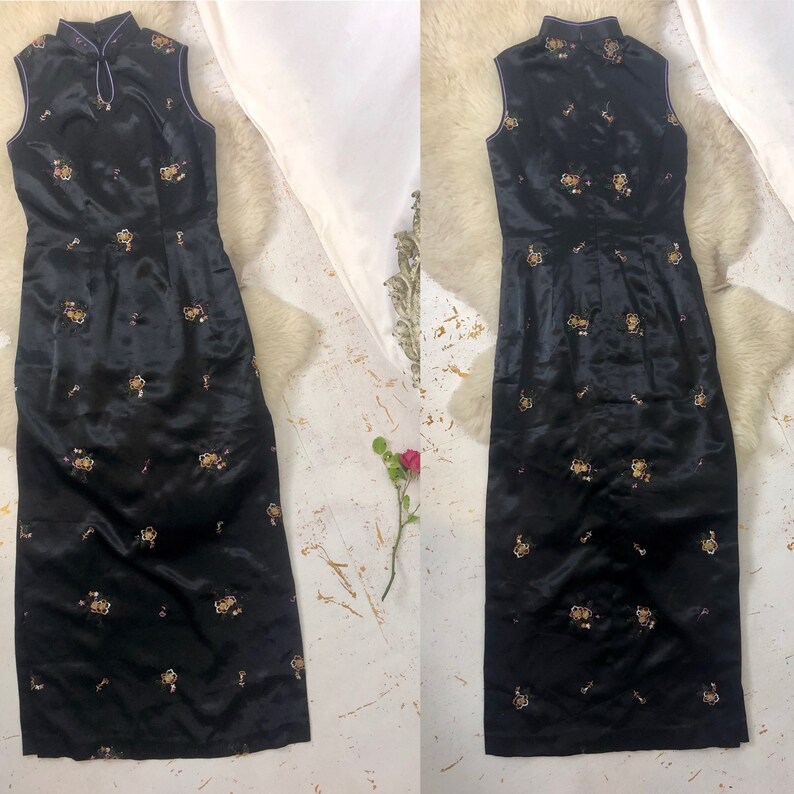 Schwarze Satin Cheongsam Kleid Vintage Y2K traditionelle ...