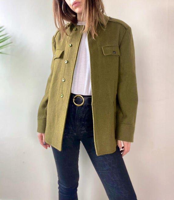 80s Wool Military Coat | Vintage 80s Pure Wool Military Overcoat Warm Olive Green Wool Army Jacket Green Button Up Coat Dramatic Shoulders