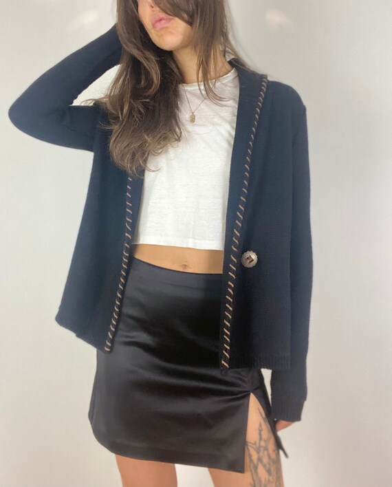 Ralph Lauren Black Cotton & Linen Cardi | 90s Western Noir Black 