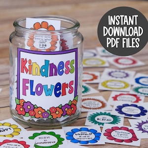 Wiadomości motywacyjne Kindness Flowers | Notatki do lunchboxa z motywem kwiatowym | Wydrukowane karty Kindness Cards do majsterkowania i pozytywnych działań