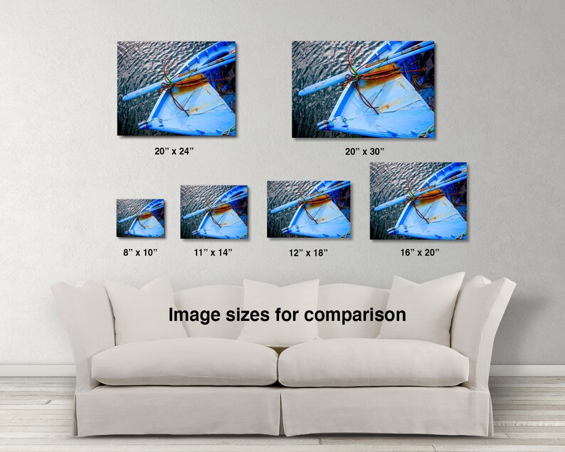 May include: A comparison of different sizes for a blue wooden boat with a rope attached to it. The boat is on a blue and white water background. The image shows the sizes 8x10 inches, 11x14 inches, 12x18 inches, 16x20 inches, 20x24 inches, and 20x30 inches.