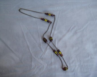 Handmade Brass Necklace with purple and yellow glasss beads