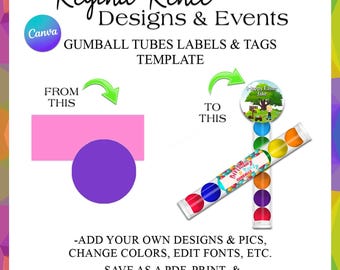 Canva Gumball Tube Labels & Tags Template | Gumball Templates | Canva Chewing Gum Templates | Canva Party Favor Templates | Party Printables