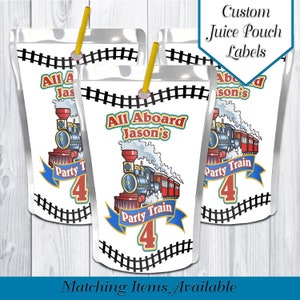 May include: Three white juice pouch labels with a train theme. The labels feature a cartoon train with red and blue accents, a blue banner that says "Party Train 4", and the text "All Aboard Jason's".