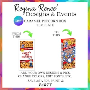 May include: A printable template for a caramel popcorn box. The template shows a red, white, and blue baseball-themed design with the text "Our Little Slugger Hit A Home Run".