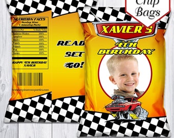 May include: A yellow and black chip bag with a checkered pattern. The bag has a personalized message that says "Xavier's 4th Birthday" with a photo of a boy and a cartoon car. The bag also has the text "Read Set Go!" and a nutrition facts label.