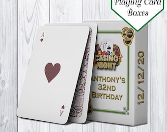 May include: Customizable playing card boxes with a casino theme. The box is white with green and gold accents. The text on the box reads "Casino Night", "Anthony's 32nd Birthday", and "12/12/20".