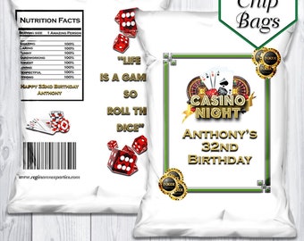 May include: A white chip bag with a green border and gold accents. The bag features a casino theme with playing cards, dice, and the text "Casino Night". It also includes the name "Anthony's 32nd Birthday".