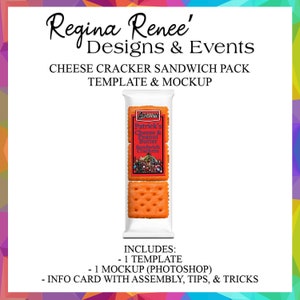 May include: A mockup of a cheese and peanut butter cracker sandwich pack with a red and white label that says "Patrick's Cheese & Peanut Butter Sandwich Crackers". The label also features a graphic of the Avengers. The pack includes a template and a Photoshop mockup.