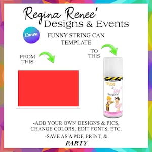 May include: A template design for a "Funny String Can" party favor. The image shows a red rectangle transforming into a can with the text "Trucks or Tutus?" and illustrations of a construction worker and a ballerina. The design is from Regina Renee' Designs & Events.