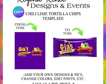 Canva Chilli Lime Tortilla Chips Template |Chip Bag Templates | Chip Bag Party Favors | Party Favor Templates | Canva Party Favor Templates