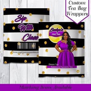May include: Two black and white striped tea bag wrappers with gold glitter dots. One wrapper has the text "Sip With Class" and a website address. The other wrapper has a cartoon illustration of a woman with the text "Evelyn's Hot Tea" and "Green Tea America's Favorite Tea".