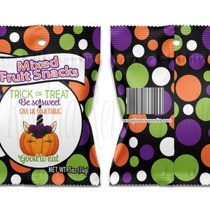 May include: A black, green, orange, and purple polka dot treat bag with a unicorn pumpkin design. The bag says "Mixed Fruit Snacks" and "Trick or Treat Be so sweet Give me something Good to eat" and "Net Wt. 5oz (14g)".