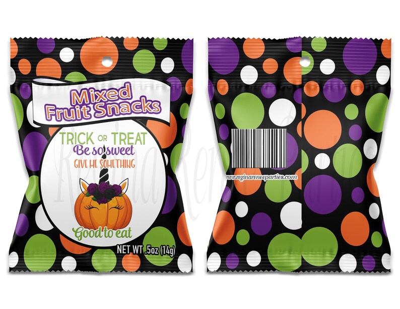 May include: A black, green, orange, and purple polka dot treat bag with a unicorn pumpkin design. The bag says "Mixed Fruit Snacks" and "Trick or Treat Be so sweet Give me something Good to eat" and "Net Wt. 5oz (14g)".
