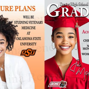 May include: A graduation photo of a young woman wearing a red cap and gown. The photo is from Dewey High School, Class of 2025. The text "GRAD 2025 Magazine" is at the top of the photo. The woman's name is Joi McKinley. She has a 4.0 GPA and is a member of the cheerleading team, National Honor Society, and Women's Society.