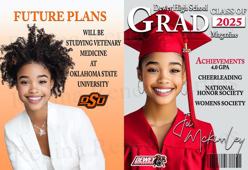 May include: A graduation photo of a young woman wearing a red cap and gown. The photo is from Dewey High School, Class of 2025. The text "GRAD 2025 Magazine" is at the top of the photo. The woman's name is Joi McKinley. She has a 4.0 GPA and is a member of the cheerleading team, National Honor Society, and Women's Society.