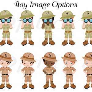 May include: Ten illustrations of boys wearing khaki shorts, brown shirts, and safari hats. Each boy has a different hairstyle and skin tone. The boys are holding binoculars and looking through them. The illustrations are numbered 1 through 10.
