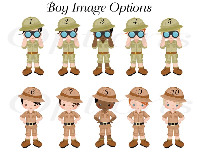 May include: Ten illustrations of boys wearing khaki shorts, brown shirts, and safari hats. Each boy has a different hairstyle and skin tone. The boys are holding binoculars and looking through them. The illustrations are numbered 1 through 10.