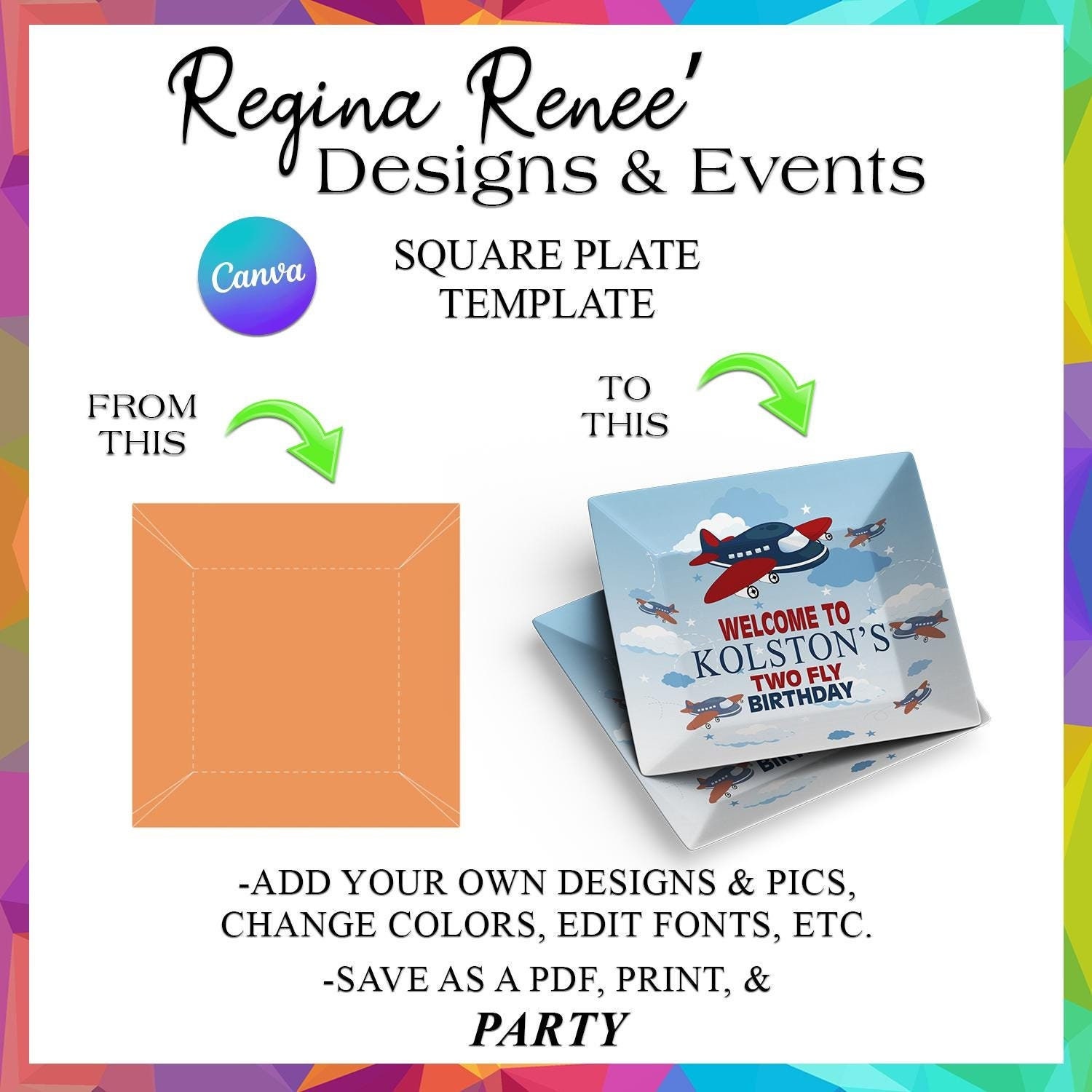 Canva Square Plate Template | Canva Party Plate Template | Canva Templates | Canva Party Favor Templates | Canva Plate Templates | Digital