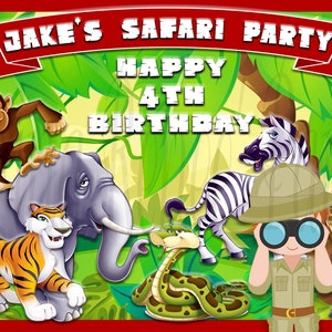 May include: A red and green birthday party banner with the text "JAKE'S SAFARI PARTY HAPPY 4TH BIRTHDAY" and images of a monkey, elephant, tiger, zebra, snake, and giraffe. The banner is decorated with green leaves and vines.