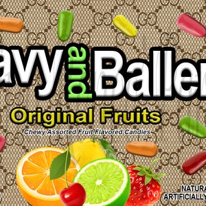 May include: A packet of Heavy Baller Original Fruits chewy candies. The packet is brown with a black and white pattern. The candies are shaped like jelly beans and are in the colours red, yellow, green, orange, and lime. The packet also includes a list of the flavours: cherry, lemon, strawberry, lime, and orange.