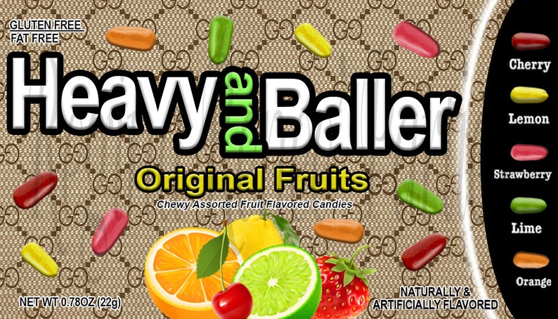 May include: A packet of Heavy Baller Original Fruits chewy candies. The packet is brown with a black and white pattern. The candies are shaped like jelly beans and are in the colours red, yellow, green, orange, and lime. The packet also includes a list of the flavours: cherry, lemon, strawberry, lime, and orange.