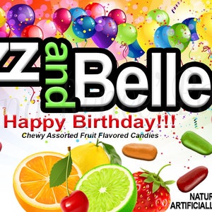 May include: A colourful package of Izz Belle Happy Birthday chewy assorted fruit flavoured candies. The package features a variety of fruit images and a net weight of 141g.