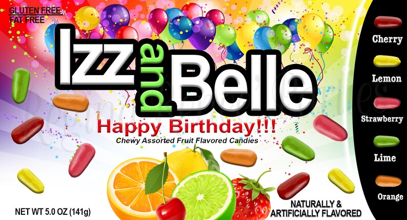 May include: A colourful package of Izz Belle Happy Birthday chewy assorted fruit flavoured candies. The package features a variety of fruit images and a net weight of 141g.