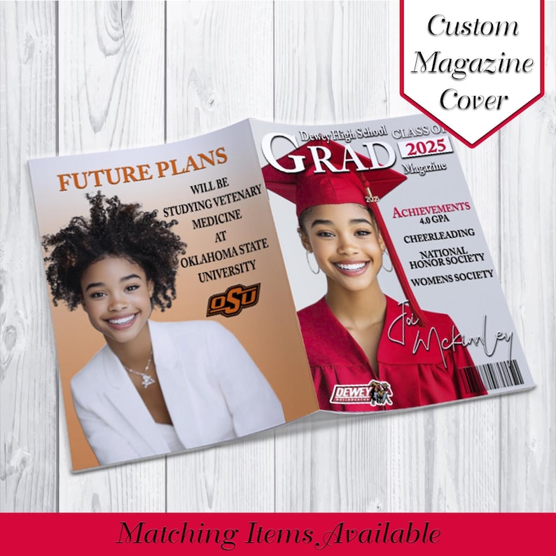 May include: A graduation magazine cover with a photo of a young woman wearing a red graduation gown and cap. The magazine is titled "GRAD 2025" and features the text "Dewey High School Class of 2025" and "Achievements 4.0 GPA, Cheerleading, National Honor Society, Womens Society".