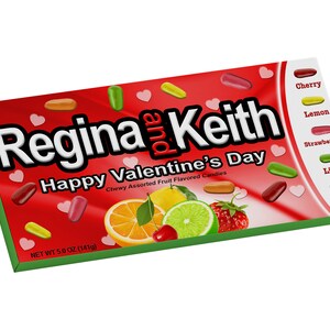 May include: A red, green and white box of Regina and Keith chewy fruit flavoured candies. The box says "Happy Valentine's Day" and has a net weight of 5.0 ounces (141g). The box shows a variety of fruit flavours: cherry, lemon, strawberry, lime and orange.
