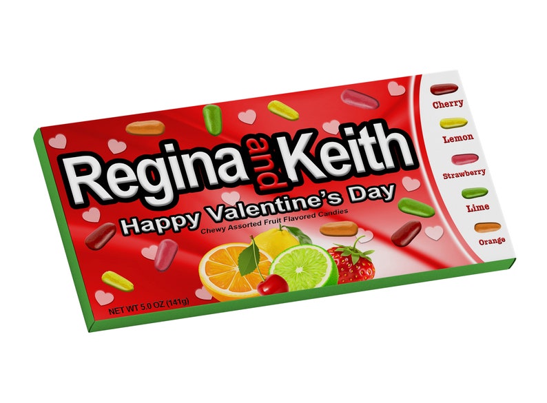 May include: A red, green and white box of Regina and Keith chewy fruit flavoured candies. The box says "Happy Valentine's Day" and has a net weight of 5.0 ounces (141g). The box shows a variety of fruit flavours: cherry, lemon, strawberry, lime and orange.