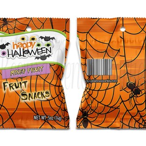 May include: Orange and black Halloween-themed snack bag with a spider web design. The bag has a hole at the top for hanging. The front of the bag says "Happy Halloween" and "Mixed Fruit Fruit Snacks". The back of the bag has a barcode and the website "halloweenpartysupplies.com".