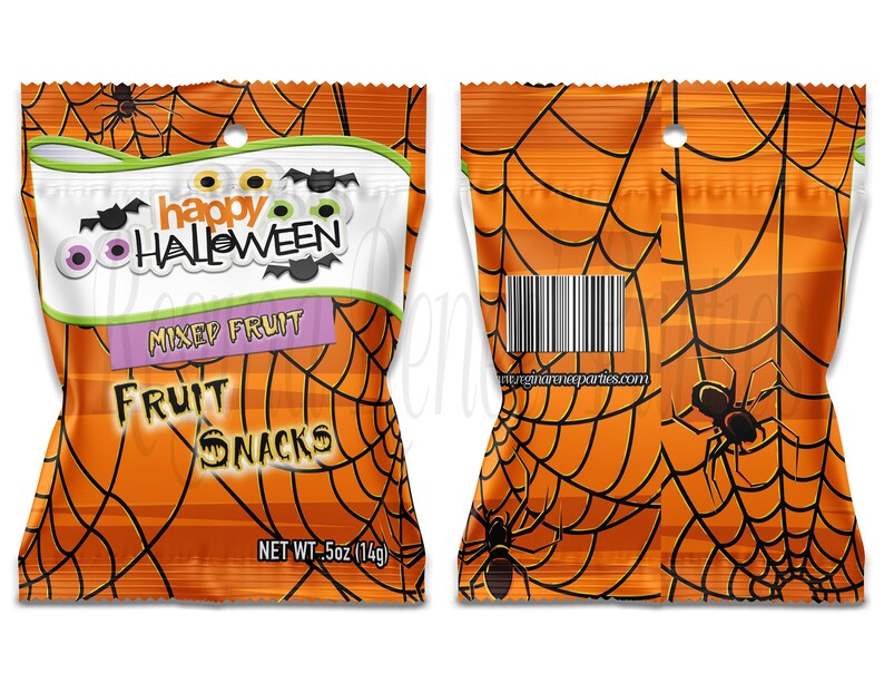 May include: Orange and black Halloween-themed snack bag with a spider web design. The bag has a hole at the top for hanging. The front of the bag says "Happy Halloween" and "Mixed Fruit Fruit Snacks". The back of the bag has a barcode and the website "halloweenpartysupplies.com".