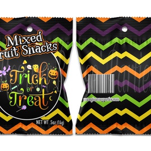 May include: A black and orange chevron patterned treat bag with a black circle containing the text "Trick or Treat" and the words "Mixed Fruit Snacks" at the top. The bag has a hole at the top and says "NET WT .5oz (14g)" at the bottom.