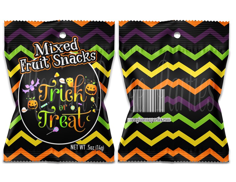 May include: A black and orange chevron patterned treat bag with a black circle containing the text "Trick or Treat" and the words "Mixed Fruit Snacks" at the top. The bag has a hole at the top and says "NET WT .5oz (14g)" at the bottom.