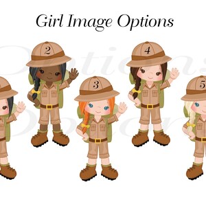 May include: Five illustrations of girls wearing brown and tan safari outfits with backpacks. Each girl has a different hairstyle and skin tone. The girls are numbered 1 through 5.