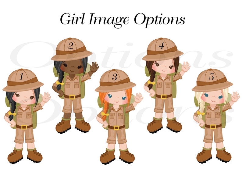 May include: Five illustrations of girls wearing brown and tan safari outfits with backpacks. Each girl has a different hairstyle and skin tone. The girls are numbered 1 through 5.