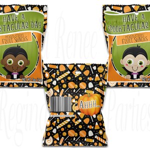 May include: Three Halloween-themed treat bags with a black and orange candy pattern. The front of each bag features a cartoon vampire with the text "Have a Spooktacular Day" and "Mixed Fruit Fruit Snacks". The bags are labeled with "Net Wt. 5oz (14g)".