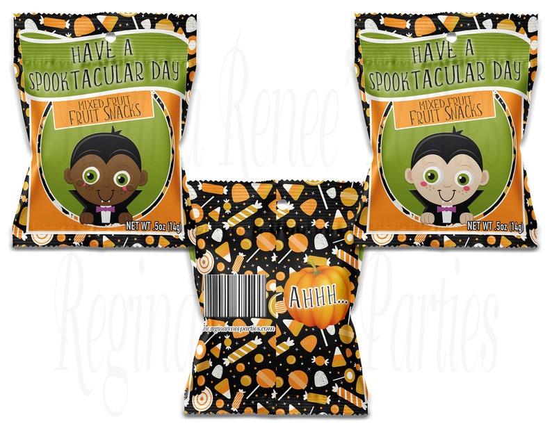 May include: Three Halloween-themed treat bags with a black and orange candy pattern. The front of each bag features a cartoon vampire with the text "Have a Spooktacular Day" and "Mixed Fruit Fruit Snacks". The bags are labeled with "Net Wt. 5oz (14g)".