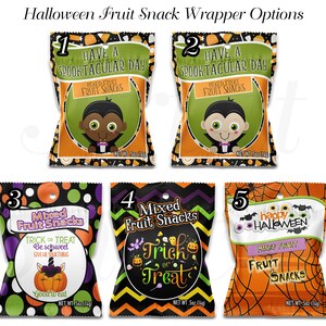 May include: Five different Halloween-themed fruit snack wrapper designs. The wrappers feature various colors, patterns, and characters, including a vampire, a unicorn, and a pumpkin. The text on the wrappers includes "Have a Spooktacular Day", "Mixed Fruit Snacks", "Trick or Treat", and "Happy Halloween".