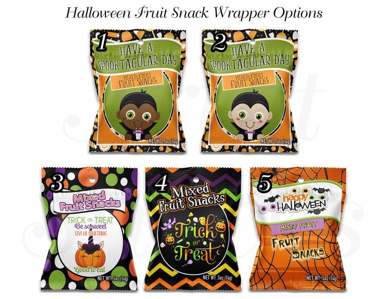 May include: Five different Halloween-themed fruit snack wrapper designs. The wrappers feature various colors, patterns, and characters, including a vampire, a unicorn, and a pumpkin. The text on the wrappers includes "Have a Spooktacular Day", "Mixed Fruit Snacks", "Trick or Treat", and "Happy Halloween".